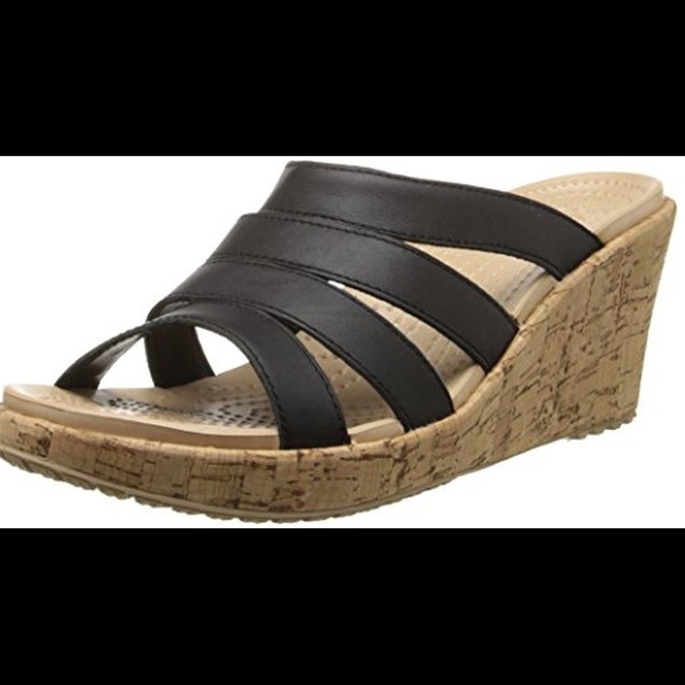 Crocs A-Leigh Mini Wedges Flip Flop Sandals black leather straps size 6